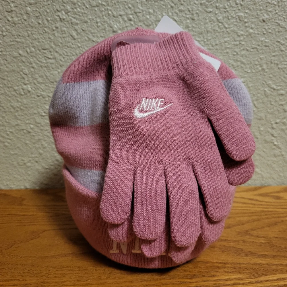 NWT Nike Pink Striped Knit Beanie and Gloves